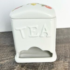 Porcelain lidded teabag holder dispenser fruit pattern white